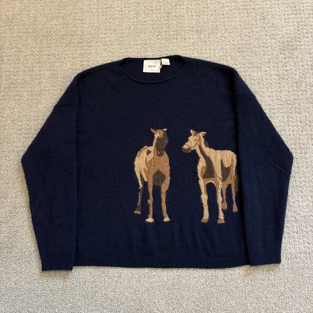 Anthropologie Maeve 100% Cashmere Intarsia Horses Sweater Navy Blue Soft Knit